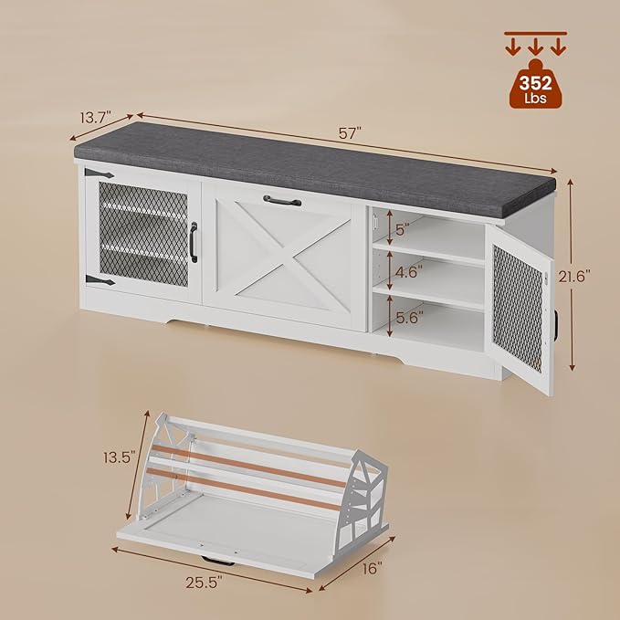 Farmhouse Storage Bench with Flip Drawers & Padded Seat Cushion, Half Hidden Shoe Rack Organizer, Adjustable Shelf Shoe Cabinet for Large Family, Entryway, Bedroom, Living Room (White)-PawvioPets
