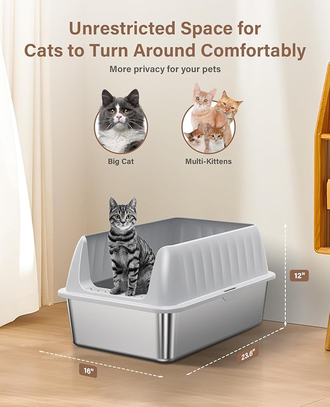 Cat Litter Box Stainless Steel XL with Lid, Enclosed Metal Extra Large Litter Box Pan High Sided with Scoop for Big Cats, Non-Sticky, Anti-Urine Leakage, Easy Cleaning-PawvioPets