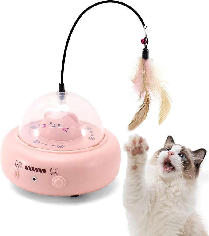 Automatic Cat Toys with Feathers, Interactive Cat Toy for Indoor Exercise, Rechargeable Teasing Toys for Indoor Cats, USB Powered, Smart Standby&Obstacle Avoidance(Pink)-PawvioPets