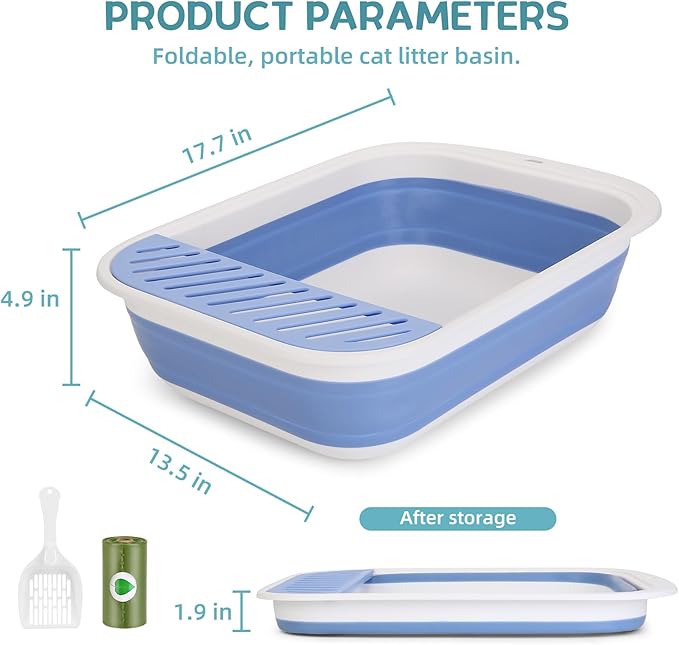 Collapsible Kitten Litter Box, ShineMe Open Top Small Cat Litter Box with Scoop and Litter Bag, Anti-Splash Waterproof Kitty Toilet Potty Pan for Sick Frail Cat 17" x 13.5", Blue-PawvioPets