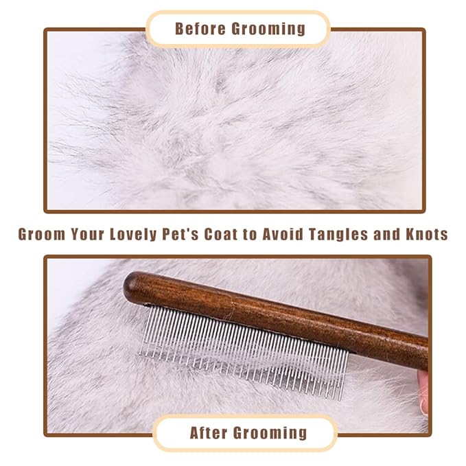 Dog Cat Comb with Solid Wood Handle Stainless Steel Teeth, Professional Pet Grooming Supplies Accessories Perfect for Honghair Hairy Pets-PawvioPets