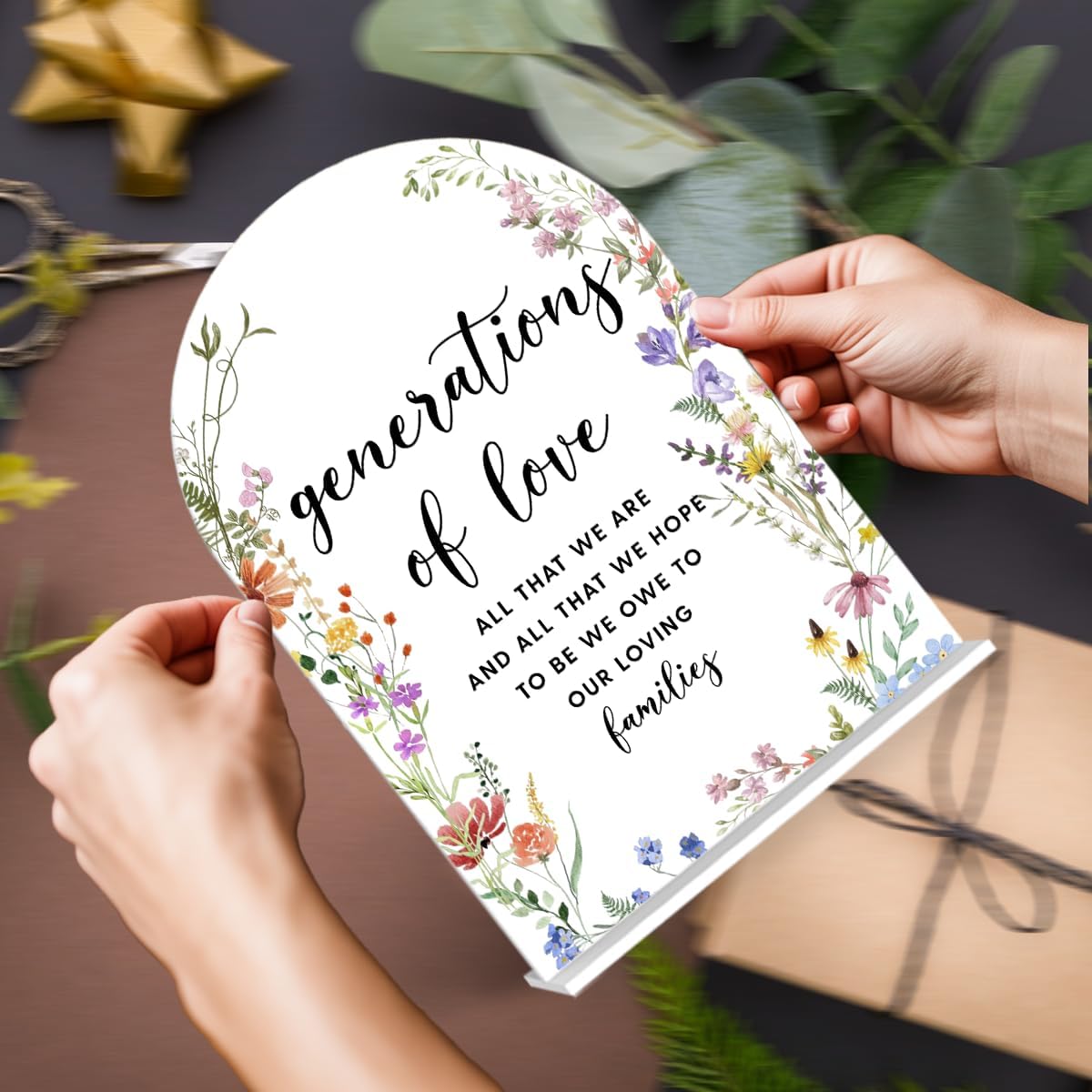 Acrylic Wedding Signs, Generations of Love Signs for Marriage Reception, Bridal Shower Decorations, Modern Arched Round Top Acrylic Table Top Sign with Holder for Wedding Party (White Wildflowers)