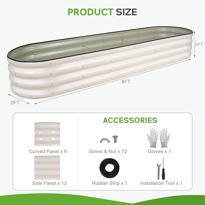 Galvanized Raised Garden Bed - 8×2×1ft Planter Raised Beds for Gardening | Oval Metal Garden Planter Box with Safety Edging and Bracing Rods for Vegetables Fruits and Flowers (White)-PawvioPets