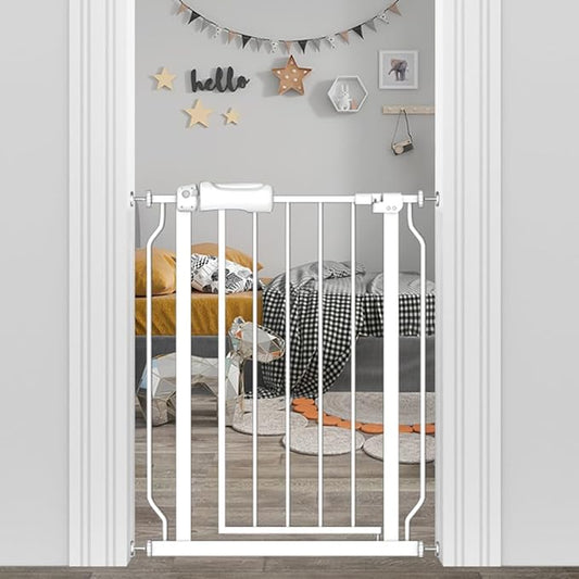 Narrow Baby Gate 24 to 29 Inch Wide Pet Gate Pressure Mounted No Drill Safety Gate Walk Through Metal Child Gate for Kids Stairs or Pets Indoor White-PawvioPets