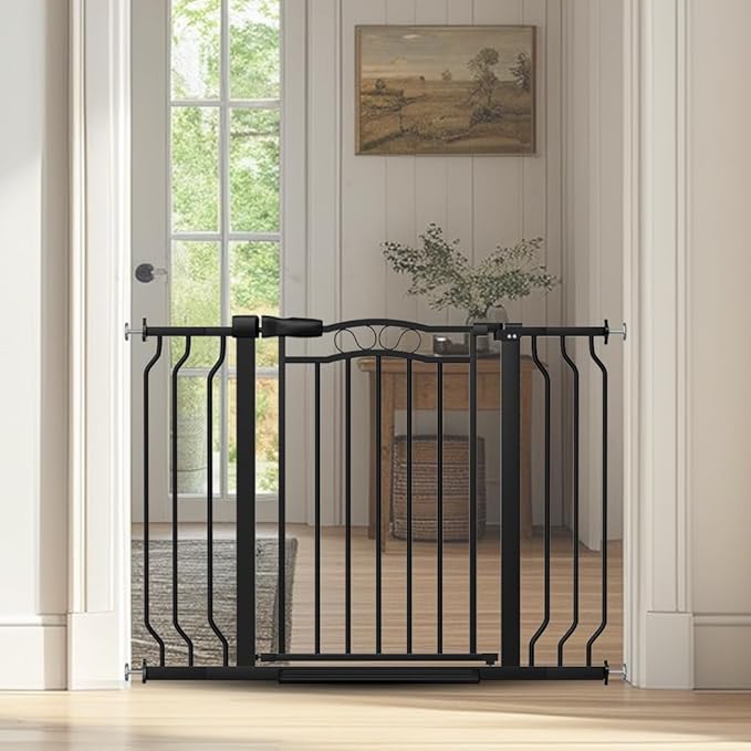 29.53"-43.30" Mornyray Auto-Close Baby Gate Extra Wide, Pressure Mounted Dog & Pet Gate for Stairs Doorways, No Drill Safety Barrier with Lace Design, Metal Child Proof Gate Indoor Outdoor, Black-PawvioPets
