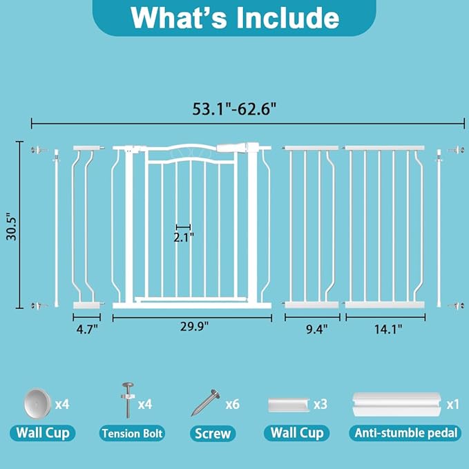 Extra Wide Baby Gate for Doorways 53.1"-62.6", Pressure Mounted Dog Gates With Door, Child Safety Barrier Walk Thru Indoor, Large Babygate Long for Kids Toddler Pet Outside, 30 In Tall White-PawvioPets
