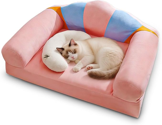 Cute Cat Couch with Soft Pillow, Supportive Dog Couch, Cat Sofa with Removable Cover，Cute Rainbow Shaped, 24 Inch-PawvioPets