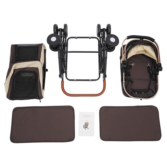 Double Pet Stroller with Detachable Carriers, Large Cat & Dog Stroller with 4 Wheels, Foldable Pet Strollers Small & Medium Dogs Cats 77lbs (Coffee Color)-PawvioPets