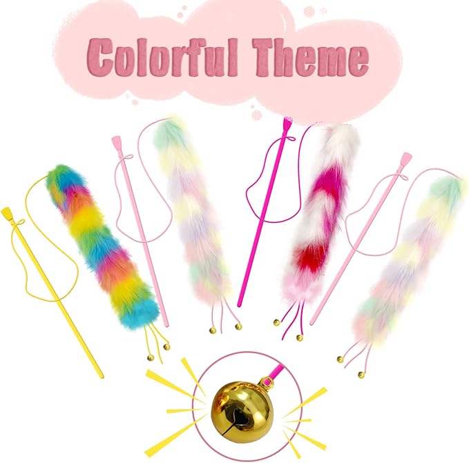 4 Pack Cat Wand Toy, Rainbow Cat Feather Toys with Bells, Teaser Wand with Soft Furry Tail, Interactive Toys for Indoor Cats & Kitten & Kitty-PawvioPets