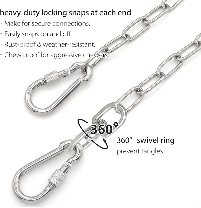 15 ft Dog Chains for Outside - Heavy Duty Tie Out Chain Leash Great for Small to Large Dogs Up to 200Lbs - Chew Proof Long Chain for Yard Camping or Travel (15ft Without Spring)-PawvioPets