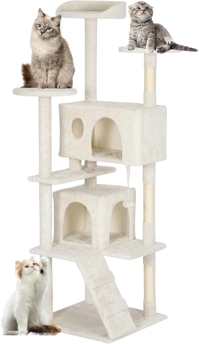 FDW Cat Tree Tower 62in Multi-Level Durable Cat Scratching Post & Cozy Fun Jumping Platform Space Saving Condo Pet Play House for Indoor Cats, Beige-PawvioPets