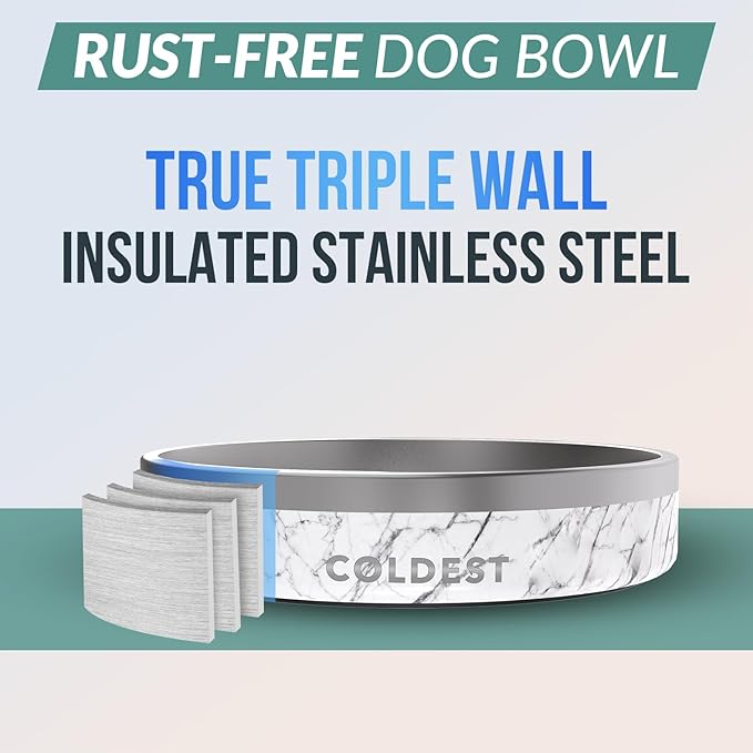 Coldest Dog Bowl - Anti Rust Metal, Non Slip, 3 Layers Insulated Stainless Steel Dog Bowls - Spill Proof & Heavy Duty - Water Bowl for Dogs, Cats & Pets, Dish Washer Safe (21 oz, Carrara Marble)-PawvioPets