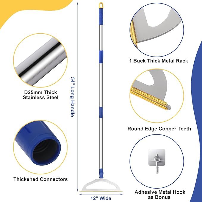 12”Wide Large Metal Carpet Rake Pet Hair Removal Broom, 54" Thicker Handle Low Pile Carpet Brush, Dog Cat Pet Hair Remover, Embedded Fur Pro Clean Removal Tool, Rug Couch Stair Scraper-PawvioPets