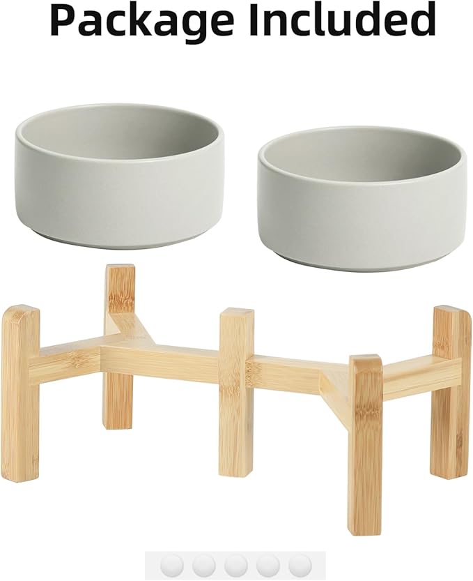 Ceramic Raised Double Bowls Set with Stand, 2 Heights Elevated, Food & Water Bowls for Small Breed Dogs, Weighted Dog Dishes, Pet Bowl(6.1'',28.7oz, Grey)-PawvioPets