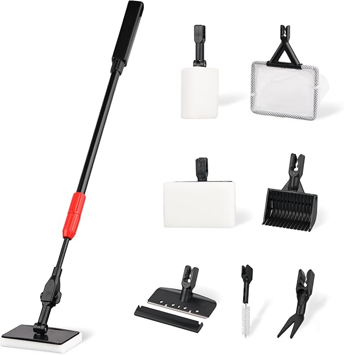 Aquarium Cleaning Tools 7 in 1 - Fish Tank Cleaning Kit with Algae Scraper, Scrubber Pad, Adjustable Telescopic Long Handle, Fish Net, Gravel Rake, Fork & Brush - Saltwater & Freshwater Tank-PawvioPets