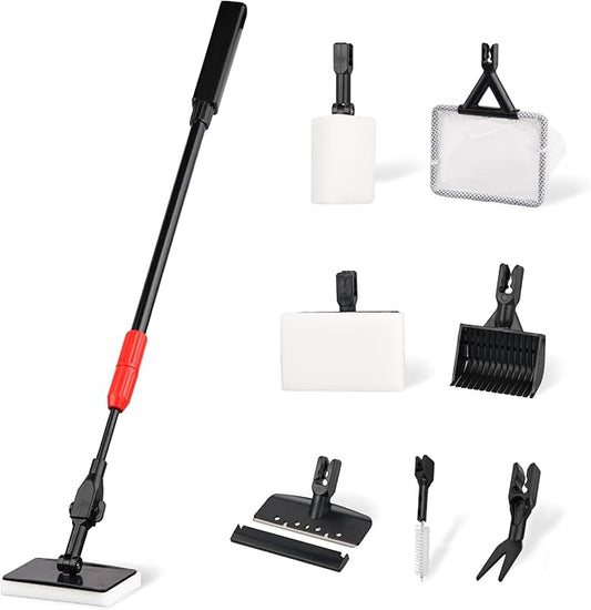 Aquarium Cleaning Tools 7 in 1 - Fish Tank Cleaning Kit with Algae Scraper, Scrubber Pad, Adjustable Telescopic Long Handle, Fish Net, Gravel Rake, Fork & Brush - Saltwater & Freshwater Tank-PawvioPets