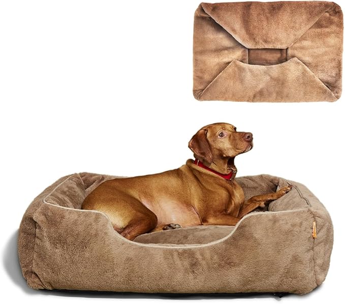 FUZI Luxury Aesthetic Dog Bed with Extra Cover for Large Dogs, Washable Pet Couch, Pet Bed with Sides, Non-Slip Bottom, Soft & Durable Calming Dog Bed, Faux Rabbit Fur, Large 35.6x28.5x9.5 Light Brown-PawvioPets