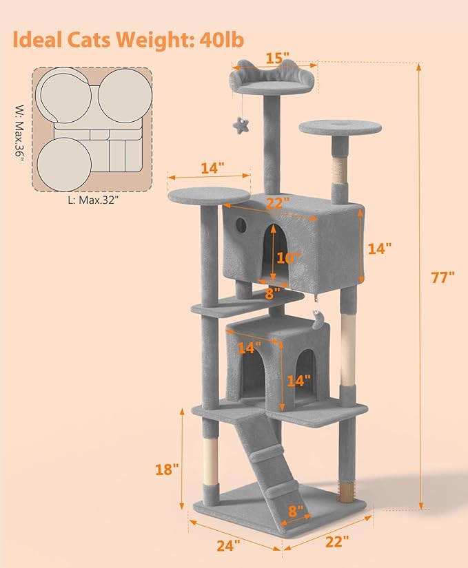 77'' Cat tree Tower for Indoor Cats Large Adult,Cute/Tall Modern Cat Tree for Big Cats 20 lbs,Plush Multi-Level Cat Condo with Scratching Posts,Dangling Ball for fun play(Light Gray, 77 inch)-PawvioPets