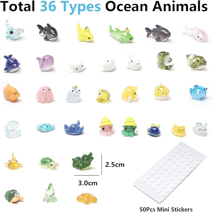 36 Types Ocean Mini Resin Animals, Plastic Tiny Animals for Hidding, Miniature Animals Figures for Seaside Crafts, Dollhouse, Terrariums, Shadowboxes, Birthday Cake Decor-PawvioPets