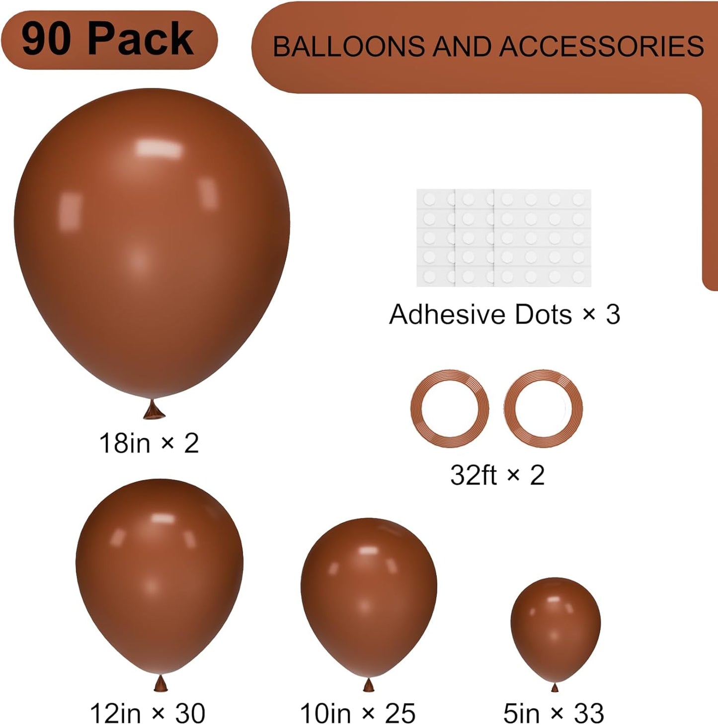 90pack Brown Balloons Different Size 18/12/10/5 Inch Brown Balloon Garland Arch Kit for Graduation, Wedding, Birthday, Princess Theme Party, Valentine's Day Party Decorations