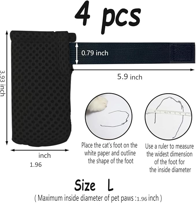 4 PCS Cat Mittens to Prevent Scratching,Mesh Breathable Cat Shoes,Adjustable Cats Anti Scratch Gloves,Suitable for Cats When Bathing and Nail Trimming (Black, L)-PawvioPets