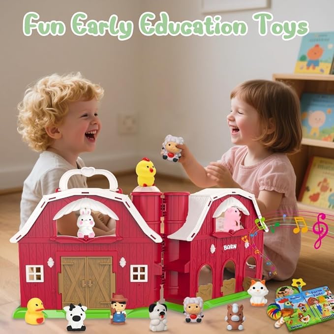 Big Musical Red Barn Toy Farm Animal Finger Puppets for 1 2 3 4 5 Years Old, Animal Figures Playset with Farm Tails Baby Book, Sensory Learning Toys Gift for Toddlers Boys Girls-PawvioPets