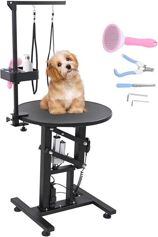 Electric Hydraulic Lift Pet Dog Grooming Table, 24Inch 360° Rotating Grooming Desktop for Small Dogs, with Overhead Arm, Wireless Remote, Tool Organizer, Black-PawvioPets