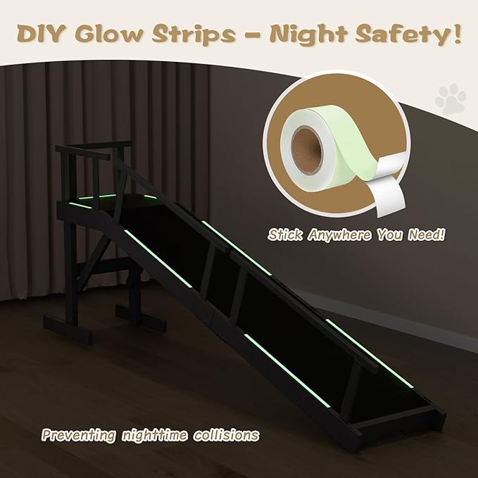 61" Dog Ramp for Bed, Pet Ramp with Removable Side Rail and Non-Slip Surface, Pet Ramp for Small & Large & Senior Dogs with Rest Platform and DIY Glow Strips,Dog Stairs for Couch,Black-PawvioPets