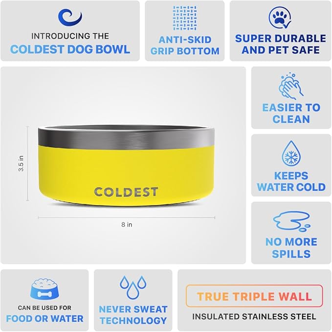 Coldest Dog Bowl - Anti Rust Metal, Non Slip, 3 Layers Insulated Stainless Steel Dog Bowls - Spill Proof & Heavy Duty - Water Bowl for Dogs, Cats & Pets, Dish Washer Safe (64 oz, Solar Yellow)-PawvioPets