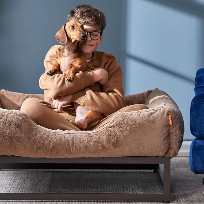 FUZI Luxury Aesthetic Dog Bed for Medium Dogs with Washable Cover, Pet Couch, Pet Bed with Sides, Non-Slip Bottom, Soft and Durable Calming Dog Bed, Faux Rabbit Fur, Medium 31.75x23.6x9.5 Light Brown-PawvioPets