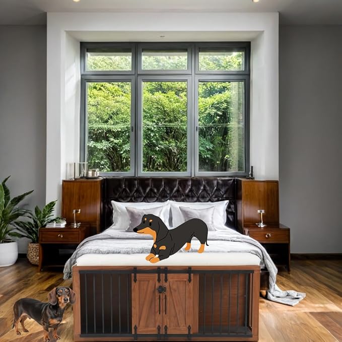 56" L Dog Crate Furniture with Padded Seat, End of Bed Bench Ottoman with Cushion, Wooden Dog Kennel with Pet Stairs & Sliding Barn Door for Bedroom, Living Room, Walnut-PawvioPets