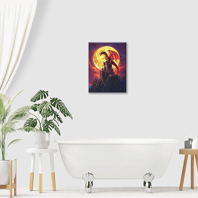 Dragon Bathroom Pictures Wall Art, Red Dragon Castle Bathroom Wall Decor, Framed Painting Canvas Artwork for Bedroom Living Room Decorations 20"L x 16"W-PawvioPets