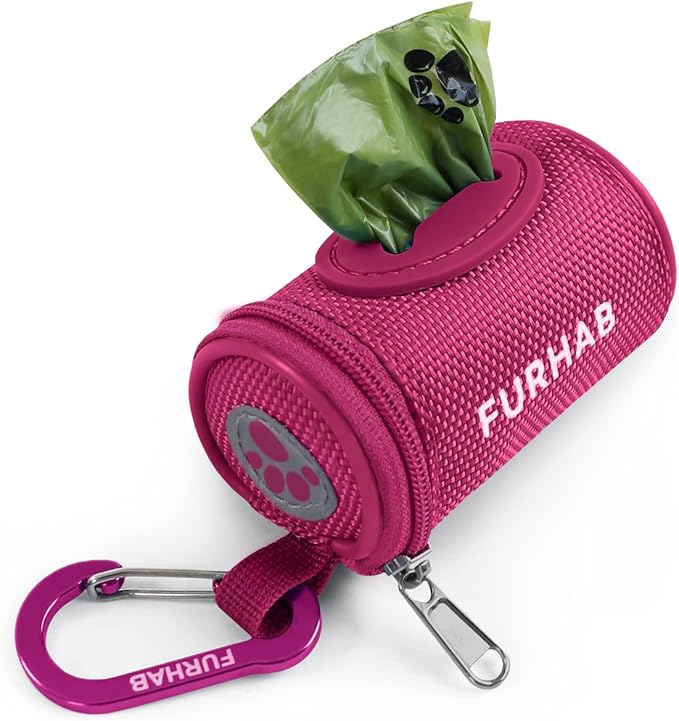 Dog Poop Bag Holder for Leash Doggie Waste Bag Dispenser Soft Fabric Puppy Potty Carrier Small Doggy Zipper Pouch with Carabiner Clip 1680D Nylon Oxford with 1 Roll of Pet Trash Bags, Rose Red-PawvioPets