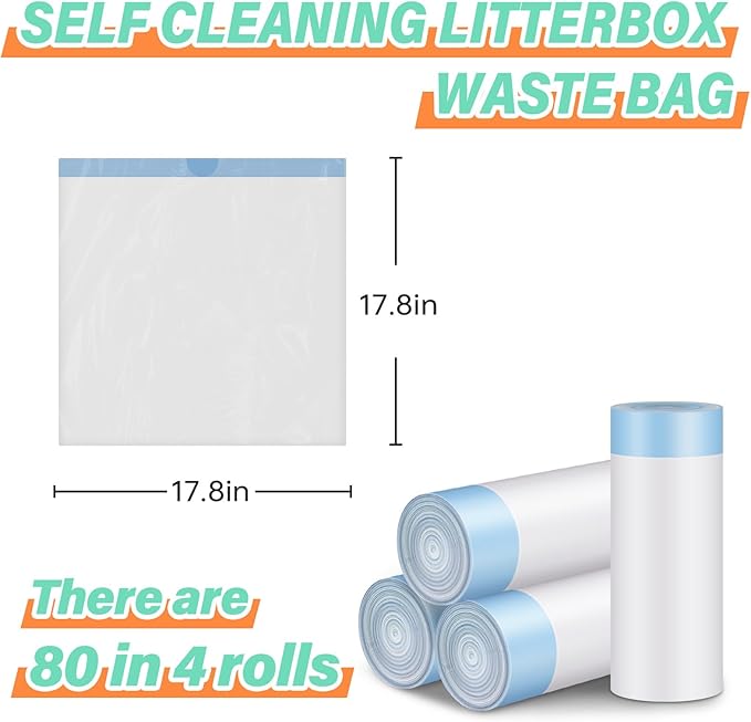 Cat Litter Bags, 80 Pieces Litter Box Liners for Automatic Cat Litter Box Self Cleaning, 4 Rolls 18 x 18 inches Robot Drawstring Bags, White-PawvioPets