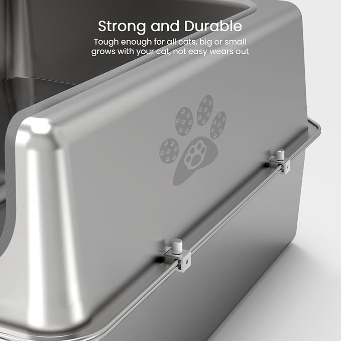 Enclosed Stainless Steel Cat Litter Box with Lid, Oversize Metal Litter Box for Multi Cats, XXXL Supersize Cat Toilet with High Side, Non-Stick, Anti-Leakage, Odorless, with Litter Mat & Litter Scoop-PawvioPets