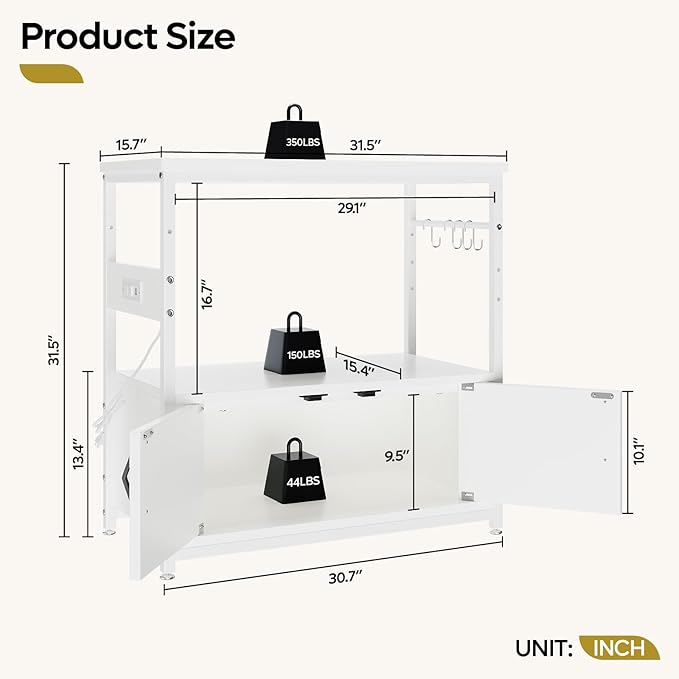 Bestier 20-29 Gallon Fish Tank Stand with Power Outlets, Metal Long Aquarium Stand with Storage Cabinet, 31x15 Reptile Terrarium Stand with Horizontal Gold Line, Stainless Hooks, 350 Lbs(White)-PawvioPets