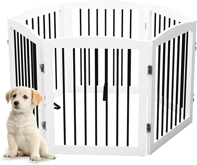 Freestanding Pet Gate for Dogs, Foldable Wooden Dog Gate for House, Extra Wide Indoor Pet Barrier for Stair, Doorway, Hall, Support Feet Included, 120 Inch Wide, 6 Panels 24", White-PawvioPets