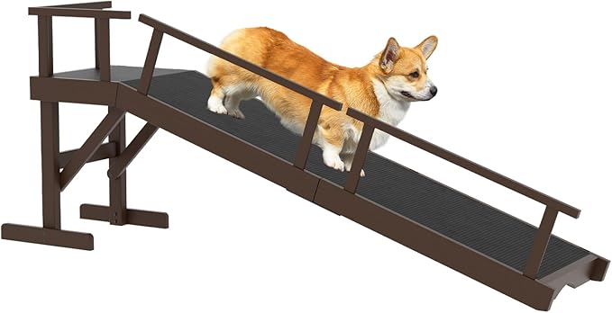 61" Dog Ramp for Bed, Pet Ramp with Removable Side Rail and Non-Slip Surface, Pet Ramp for Small & Large & Senior Dogs with Rest Platform and DIY Glow Strips,Dog Stairs for Couch, Brown-PawvioPets