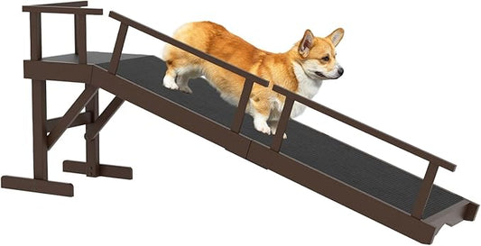 61" Dog Ramp for Bed, Pet Ramp with Removable Side Rail and Non-Slip Surface, Pet Ramp for Small & Large & Senior Dogs with Rest Platform and DIY Glow Strips,Dog Stairs for Couch, Brown-PawvioPets