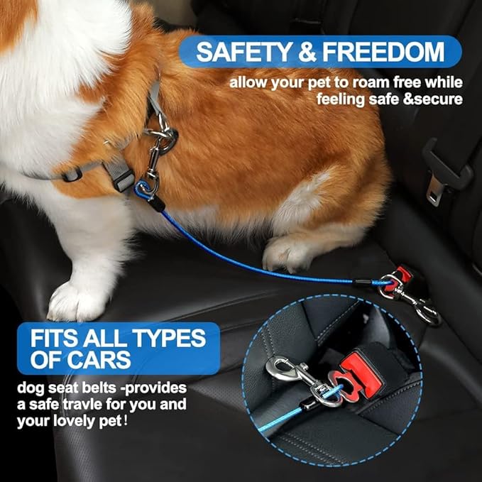 Dog Seat Belt Harness for Car,Dog Seatbelt of Coated Wire Leash Safety Restraint,No Chew Tether Cable Vehicle,Double Clips & Latch(Blue, 32 inch/80 CM)-PawvioPets
