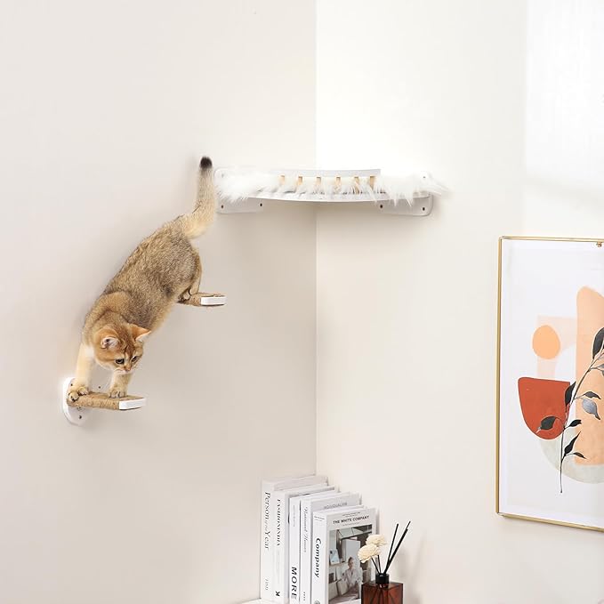 3-in-1 Cat Climbing Wall Steps with Hemp Rope, Shelves and Perches - Wall-Mounted Cat Furniture Set with Scratching Pads (White)-PawvioPets