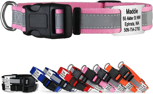 GoTags Reflective Personalized Dog Collar with Nameplate, Adjustable Dog Collar with Custom Engraved Steel Slide On Pet ID Tag, Silent, No Noise Dog Tag for Large Medium or Small (Pink, Small)-PawvioPets
