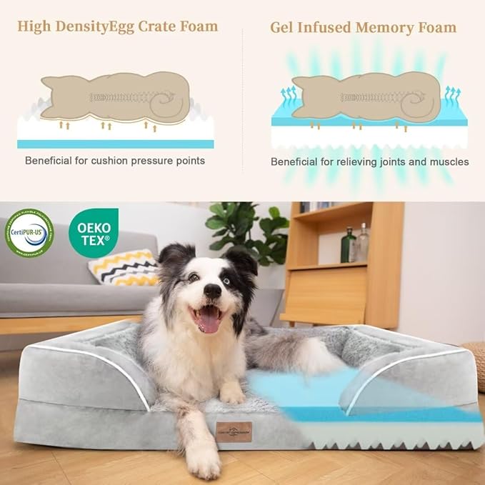 Comfort Expression Memory Foam Dog Beds Large Sized, Orthopedic Dogs Beds Washable, XL Dog Beds with Removable Cover, Waterproof Pet Sofa Couch with Bolster(X-Large,Light Grey)-PawvioPets