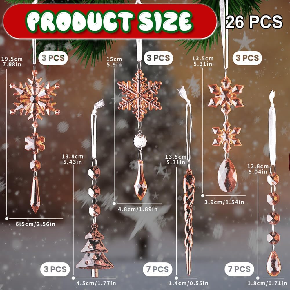 Lanpn 26pcs Christmas Ornaments Crystal Christmas Tree Decoration, Hanging Clear Acrylic Snowflake Icicle Drop Pendants for Xmas Winter Outdoor Indoor Party Decoration Gold