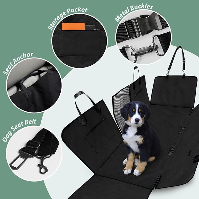 Dog Car Seat Cover for Back Seats 100% Waterproof with Metal Buckle Mesh Window Scratch Proof Heavy Duty Rear Backseat Protector Hammock for Pet, SUV Truck Vehicle Accessories, 54" x 58", Black-PawvioPets