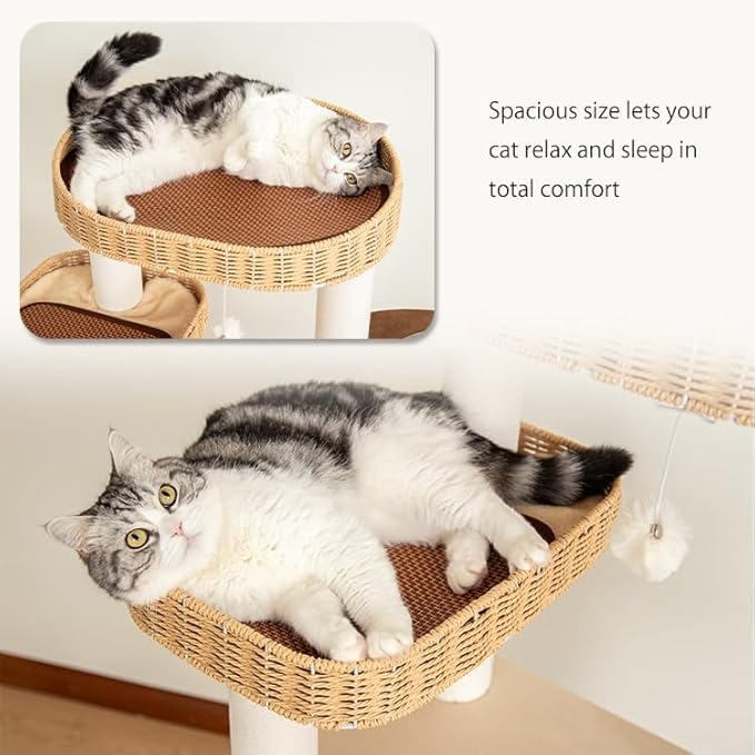 48'' Cat Tree for Large Cats, Modern Cat Tree Multi-Level Condo with Natural Wood, Cat Activity Centre for Medium and Big Pets-PawvioPets