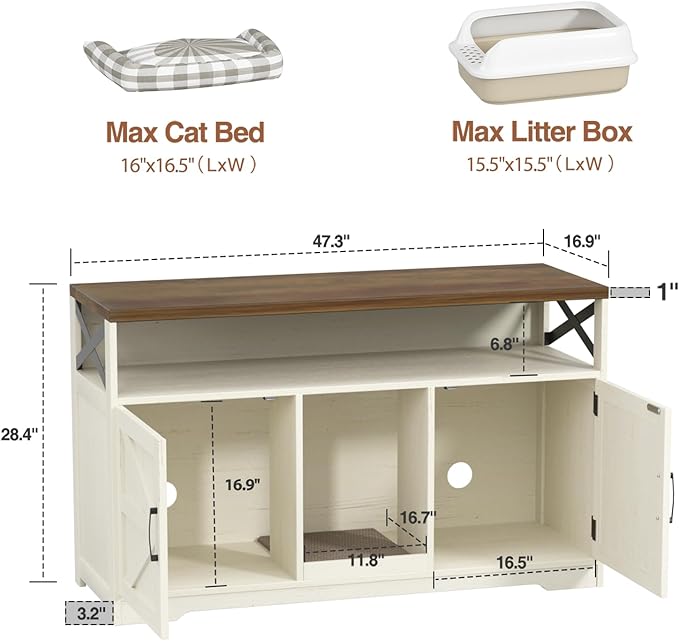 Cat Litter Box Enclosure for 2 Cats, 47" Double Hidden Litter Box Furniture with Scratch Pad, Farmhouse Indoor Litter Box Cabinet Cat Washroom, White-PawvioPets