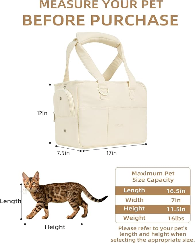 Dog Carrier for Small Dogs Rabbit cat with Large Pockets, Cotton Bag, Dog Carrier Soft Sided, Collapsible Travel Puppy Carrier (Beige, 17" L x 7.5" W x 12" H)-PawvioPets