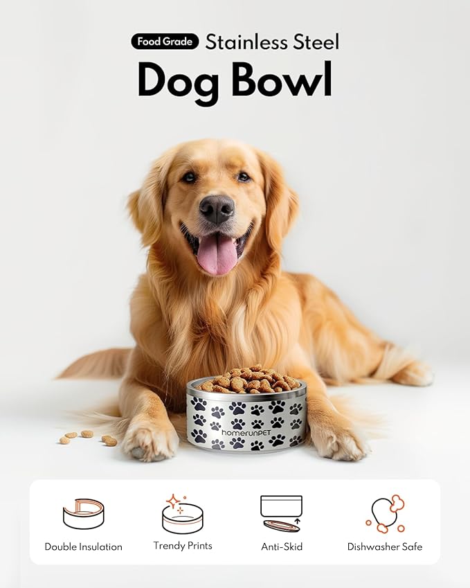 Dog Bowl, HomeRunPet Dog Food Water Bowl with Non-Slip Rubber Base, Metal Insulated Stainless Steel Dog Bowls, Double Wall Dog Bowl for Small Medium Large Dogs, Durable, Dishwasher Safe, 32oz-PawvioPets