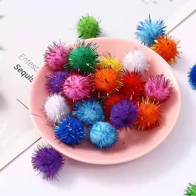 30Pcs 1.2inch/3cm Sparkle Balls for Cats - Interactive Toy Pom Pom Fuzzy Tinsel Cat Balls for Indoor Play (Mixed Colour)-PawvioPets